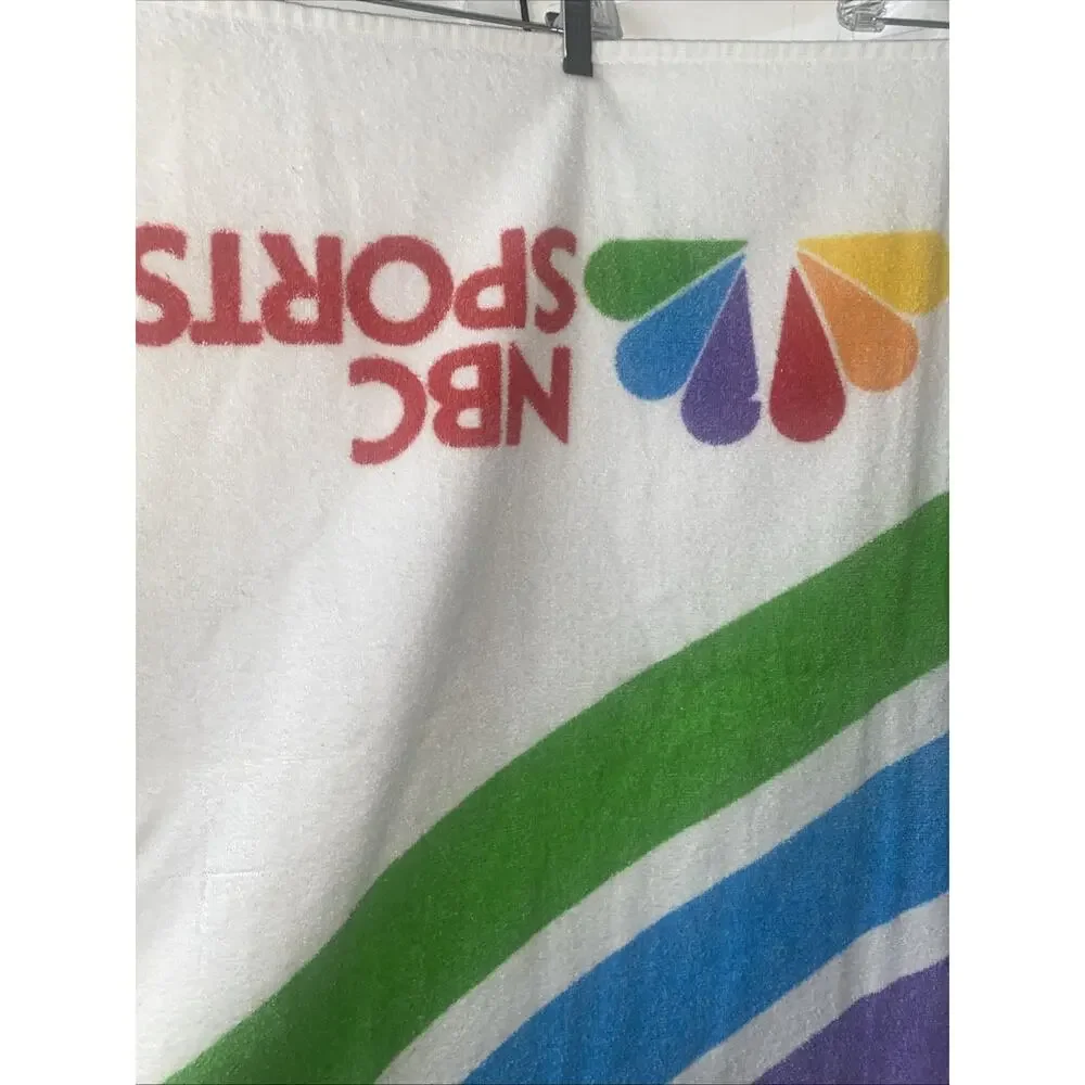 Vintage 90s NBC Sports Cotton BEACH TOWEL Peacock Rainbow 60” X 35.5” Loop Yarn
